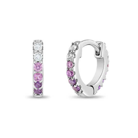 Double Sided Prong CZ 8mm Baby / Toddler / Kids Earrings Hoop/Huggie Safety Latch - Sterling Silver - Pink CZ